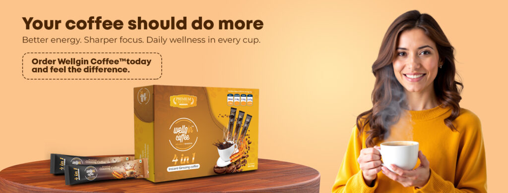 Call-to-action banner encouraging purchase of Wellgin Coffee highlighting energy, focus, and daily wellness benefits-10 pack