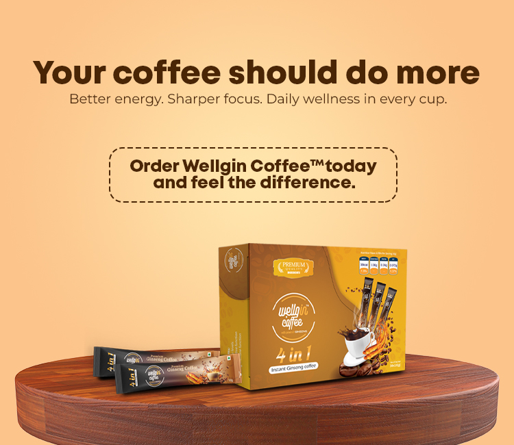 Mobile Call-to-action banner encouraging purchase of Wellgin Coffee highlighting energy, focus, and daily wellness benefits-10 pack