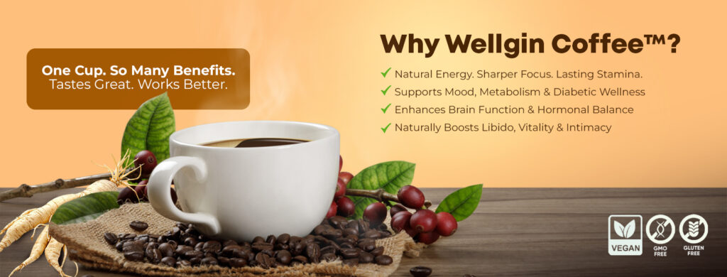 Infographic listing key benefits of Wellgin Coffee including natural energy, stamina, focus, mood support, hormonal balance, and sexual wellness with vegan organic ingredients-10 pack