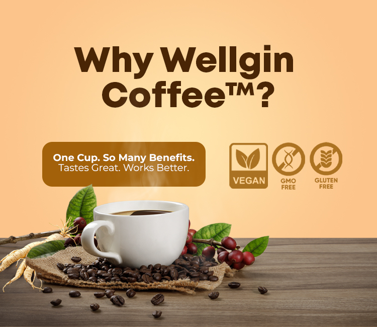 Mobile Infographic listing key benefits of Wellgin Coffee including natural energy, stamina, focus, mood support, hormonal balance, and sexual wellness with vegan organic ingredients-10 pack